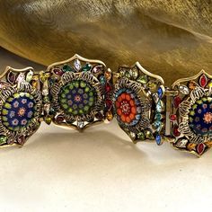 Millefiori Glass Retro Statement Bracelet Murano Glass | Etsy Unique Metal Bracelets With Jewels, Bohemian Adjustable Jeweled Bracelet, Elegant Multicolor Metal Cuff Bracelet, Bohemian Metal Bracelets With Jewels, Bohemian Jeweled Multicolor Bracelets, Elegant Jeweled Brass Bracelets, Metal Bracelets With Multicolor Jeweled Details, Artistic Multicolor Jewelry For Formal Events, Artistic Multicolor Jewelry For Formal Occasions