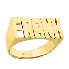 "Name jewelry is always the hottest trend. This custom made name ring is beautifully crafted in 24K Gold Plated sterling silver. This will certainly make a special gift making a perfect accessory for any occasion. This name ring measures approximately 1\" wide and 3/8\" tall in sizes 5 thru 12. Finished with polished to mirror shine, this name ring makes an extra elegant addition to your jewelry wardrobe. Since your name ring is handcrafted, item may slightly vary in overall appearances than the Classic Gold Engraved Ring With Custom Name, Modern Personalized Gold Engraved Ring, Classic Gold Rings With Custom Name, Gold Promise Ring With Name Detail, Gold Promise Ring With Custom Name, Custom Name Gold Promise Ring, Custom Name Gold Initial Ring, Custom Name Engraved Gold Ring, Gold Nameplate Ring For Gift