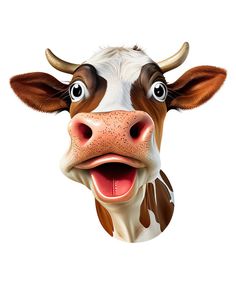 a brown and white cow with its tongue out