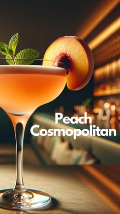 the peach cosmopolian cocktail is garnished with an apple