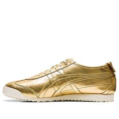 Onitsuka Tiger Mexico 66 SD 'Gold' 1183A740-200 Gold Sneakers With Vulcanized Sole For Streetwear, Classic Gold Sneakers For Streetwear, Retro Low-top Sneakers With Leather Sole, Vintage Streetwear Sneakers With Leather Sole, Vintage Leather Sole Slip-on Sneakers, Vintage Slip-on Sneakers With Leather Sole, Onitsuka Tiger Women, Athleisure Shoes, Tiger Mexico 66