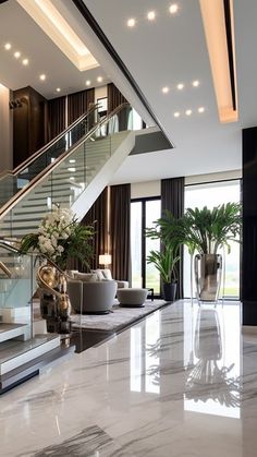 an elegant living room with marble floors and stairs