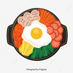 an egg, noodles and vegetables in a frying pan on a white background