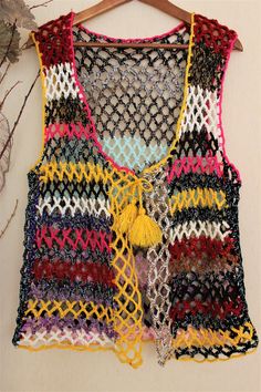 Crochet knitted vest, colorful vintage style, knitted upcycled, women sleeveless vest size 12-16 fit, unique crochet, recycled boho tops Multicolor Knit Vest Top, Casual Multicolor Vest For Vacation, Casual Multicolor Vacation Vest, Multicolor Knit Sleeveless Vest, Multicolor Knit Vest For Spring, Multicolor Sweater Vest For Summer, Casual Multicolor Sweater Vest For Summer, Multicolor Knit Patchwork Tops, Bohemian Patchwork Sleeveless Vest