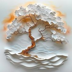 a paper cut tree with water and clouds in the background, as if it were an art work