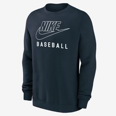 the nike baseball sweatshirt is shown in black and has white lettering that reads,'base ball