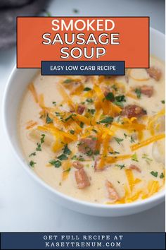 a bowl of smoked sausage soup with cheese