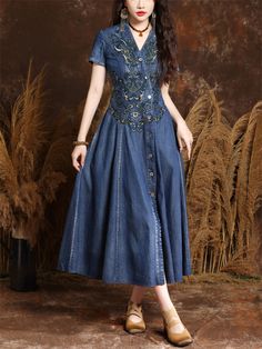 Description Product ID: DS2051217 Material: Denim Pattern: Embroidery Sleeve Length: Short Sleeve Closure Type: Button Length: Below Knee Length Style: Fashion, Vintage, Elegant Occasion: Party, Dating, Travel Package included 1 * Dress Size Chart (Asian Size): Please allow 1-3 cm measured error. Size Length Chest Sleeve Length Waist M 120cm | 47.2 in 90cm | 35.4 in 16.5cm | 6.5 in 76cm | 29.9 in L 120cm | 47.2 in 94cm | 37.0 in 17cm | 6.7 in 80cm | 31.5 in XL 120cm | 47.2 in 98cm | 38.6 in 17.5cm | 6.9 in 84cm | 33.1 in XXL 120cm | 47.2 in 102cm | 40.2 in 18cm | 7.1 in 88cm | 34.6 in 3XL 120cm | 47.2 in 106cm | 41.7 in 18.5cm | 7.3 in 92cm | 36.2 in 4XL 120cm | 47.2 in 110cm | 43.3 in 19cm | 7.5 in 96cm | 37.8 in Elegant Denim Dress With Buttons, Elegant Buttoned Cotton Denim Dress, Embroidered Fitted Denim Dress, Elegant Cotton Denim Dress With Buttons, Elegant Buttoned Denim Dress, Blue Embroidered Bohemian Denim Dress, Blue Bohemian Embroidered Denim Dress, Elegant Blue Denim Dress With Button Closure, Fitted Floral Embroidery Denim Dress