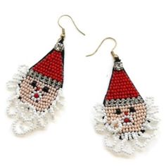 Christmas Earring Seed Bead Santa Earrings 2.5" X 1.5" Festive Beaded Holiday Jewelry, Christmas Beaded Dangle Jewelry, Beaded Dangle Christmas Jewelry, Holiday Beaded Dangle Jewelry, Handmade White Christmas Earrings, Beaded Jewelry For Christmas Holiday, White Beaded Christmas Jewelry, Handmade White Earrings For Christmas, White Christmas Jewelry With Colorful Beads