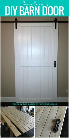 a white barn door with black hardware on the top and bottom bars in an empty room