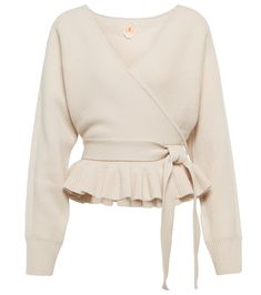 This wrap cardigan from Jardin des Orangers is finished with a feminine ruffled peplum. Made from wool and cashmere, it has a self-tie belt that cinches the waist. Soft Dramatic, Closet Wardrobe, Bows Diy, Cashmere Dress, Aesthetic Women, Diy Ribbon, Closet Space, Wrap Cardigan, Cardigan Pattern