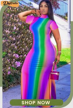 Summer Short Sleeves Rainbow Turtleneck Long Party Dress Basic Turtleneck, Short Sleeve Turtleneck, Colour Fashion, Prints Fashion, Vogue Dress, Dress Sleeve Styles, Ankle Length Dress, Summer Prints, Casual Stripes