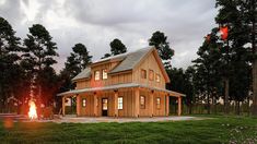 a large wooden house sitting on top of a lush green field under a cloudy sky