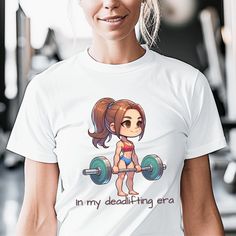 Our In My Deadlifting Era shirt is a great gift for a gym lover who loves to lift. The comfortable fit and cool design of this deadlifting era shirt means that it feels just as good to wear as it is to look at. If you've been looking for a gym motivation t-shirt for yourself, or your gym bestie, you should get this deadlifting gift tee today. This classic unisex jersey short sleeve tee fits like a well-loved favorite. Soft, combed and ringspun cotton and quality print make wearers fall in love w Athleisure Gym Tops With Sublimation Print, Athleisure Gym Tops With Slogan, Sporty Slogan Gym Tops, Sporty Gym Tops With Slogan, Cotton Tops With Sublimation Print For Gym, Graphic Tee With Slogan For Gym, White Sublimation Print Activewear For Gym, White Gym Top With Sublimation Print, White Workout Tops With Sublimation Print