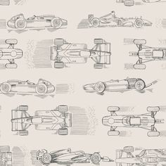 a drawing of different race cars on a white background