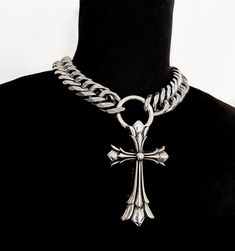 THE HIGHLY FAVORED - High-Quality Stainless-Steel Statement Thick Punk Necklace with Gothic Cross w/ Clasp Front O Ring for Detachable Charm * Stainless Steel Chain & Charm * Includes a 3" extension for adjustability * Handmade in Los Angeles Silver Steampunk Jewelry For Alternative Fashion, Steampunk Silver Jewelry For Alternative Fashion, Punk Style Metal Cross Jewelry, Edgy Metal Cross Jewelry, Edgy Cross-shaped Metal Jewelry, Punk Style Oxidized Metal Jewelry, Punk Oxidized Metal Jewelry, Gothic Streetwear Jewelry, Punk Cross Jewelry For Streetwear