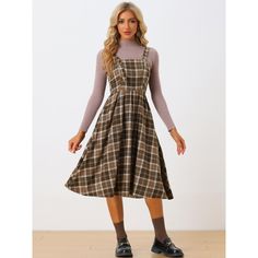 Plaid, Suspender Overall Dress, Square Neck, Button Decor, Sleeveless, Tie Belt Waist, Invisible Zipper, A-Line. This cute plaid dress is preppy and casual. It is easy to pair it with different tops or sweaters, for women, ladies, or students. Suitable for Casual Daily, School Day, Cafe or Tea Time, Office Working, Interview, Shopping, Weekend, Dating, Party, Street Style, Graduation Ceremony, and so on. Party Street Style, Halloween Plaid, Plaid Overalls, Overalls Vintage, Button Decor, Graduation Ceremony, Pinafore Dress, Plaid Fashion, Overall Dress