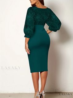 Lasaky - Womens Plus Size Sophisticated Party Dress - Solid Sequin Bubble Sleeved Surplice Neck Split Hem Midi Dress for a Flattering Slim Fit Green Formal Dress For Party Season, Elegant Green Bodycon Party Dress, Elegant Green Long Sleeve Bodycon Dress, Fitted Green Midi Dress For Dinner, Fitted Green Evening Dress, Elegant Green Evening Dress For Party, Green Fitted Evening Dress, Green Dress For Dinner And Party Season, Chic Holiday Dresses For Banquets