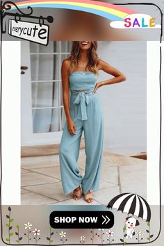 Light Blue Tube Tie Waist Backless Jumpsuit Light Blue Sleeveless Romper For Vacation, Chic Blue Jumpsuits And Rompers For Summer, Chic Blue High-waist Strapless Jumpsuit, Casual Blue High Waist Strapless Jumpsuit, Casual Blue High-waisted Strapless Jumpsuit, Light Blue Summer Jumpsuits And Rompers, Blue High Waist Strapless Jumpsuit For Summer, Chic Blue Beach Jumpsuits And Rompers, Light Blue Summer Jumpsuits And Rompers For Beach