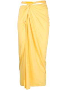 Espelho cut-out midi skirt from Jacquemus featuring yellow, stretch-design, cut-out detailing, twist detailing, high-waisted, side slit, straight hem and mid-length.This piece fits true to size. We recommend you get your regular sizeModel is 1,75m / 5ft 8in wearing size S Yellow Maxi Skirt, Yellow Midi Skirt, Stretch Skirt, Tie Front Blouse, Mid Length Skirts, Gray Skirt, Asymmetrical Dress, Wide Leg Trousers, Long Tops