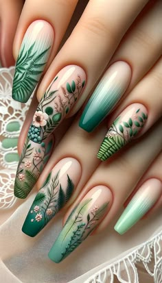 Unghie Nail Art, Nail Fashion, Floral Nails, Gorgeous Nails, Flower Nails, Green Nails