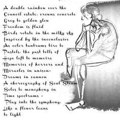 a drawing of a woman sitting on top of a chair next to a poem written in cursive writing