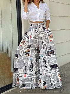 Fashion Elegant Style PLUS+CURVE Online Shopping Page 2 | stylewe Casual White Shirt, Text Letters, Printed Wide Leg Pants, Fashion Attire, Stylish Dresses, Urban Fashion, Classy Outfits, Fashion Pants, Chic Outfits