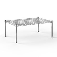 a metal shelf with two legs and one end on the bottom, in front of a white background