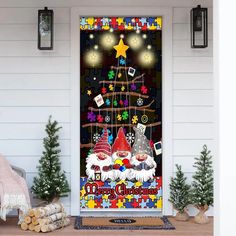 a door decorated with christmas decorations and gnomes