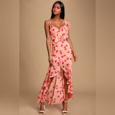 Nwt - Size Medium 55.5" Shoulder To Hem (Back) 34" Shoulder To Hem (Front) 27" Lining 100% Polyester Lulus Exclusive! Live Your Best Life In The Lulus Bloom Forever Coral Orange Floral Print Ruffled High-Low Dress! Light And Gauzy Woven Fabric, Covered In A Cheery Fuchsia Floral Print, Sweeps From Adjustable Spaghetti Straps Into An Asymmetrical Ruffled Bodice And A Straight-Cut Silhouette. A High-Low Skirt Is Formed By A Flouncy Drop Seam For A Stunning Finish! Flirty Floral Print Maxi Dress For Spring, Orange Floral Print, High Low Skirt, Adhesive Bra, Live Your Best Life, Coral Orange, Lulu Dresses, Fabric Covered, Straight Cut