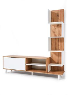 a white and wood entertainment center with shelves on each side, against a white wall