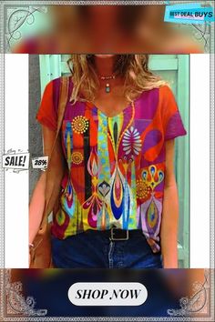 Women's T Shirt Tee Yellow Red Blue Graphic Print Short Sleeve Daily Basic V Neck Regular Loose Fit S Casual Multicolor Print V-neck T-shirt, Orange V-neck Summer Shirt, Orange V-neck Shirt For Summer, Red Printed V-neck T-shirt, Multicolor V-neck Shirt, Red Bohemian T-shirt For Spring, Colorful Printed Short Sleeve Top, Colorful Bohemian Tops With Graphic Print, Trendy Short Sleeve Tops With Vibrant Print