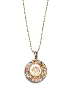 Dangling from a rich ball chain is a gold round pendant engraved with a sun burst and set with a diamond. It is surrounded by a dazzling array of multicolored sapphires.  This unique rainbow-hued piece is perfect to layer with a sautoir or wear on its own. Details Diamond carat weight 0.03 Pendant measures 21mm/ 0.82'' Rose Gold Morganite Ring, Sun Burst, Blue Sapphire Necklace, Rose Gold Morganite, Rose Gold Diamond Ring, Sapphire Engagement Ring Blue, Necklace Brands, Medallion Necklace, Sapphire Necklace