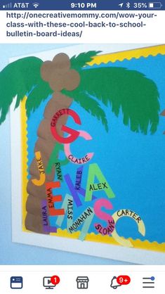 a bulletin board with letters and a palm tree