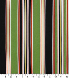 a green and black striped fabric with white, red, and orange stripes on it