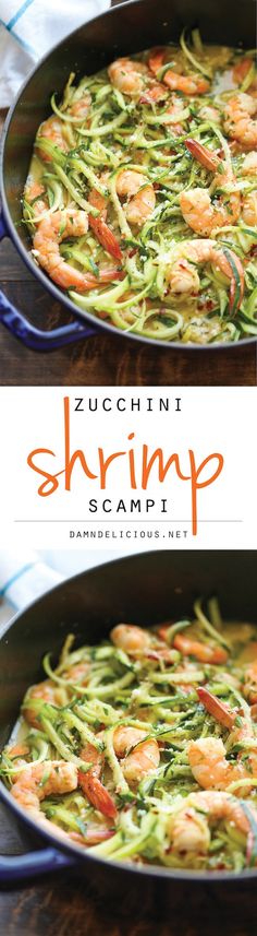 shrimp scampp in a skillet with broccoli and carrots