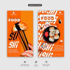 two vertical banners with sushi and chopsticks on the left, and an orange background