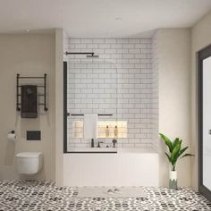 a bathroom with black and white tiles on the floor