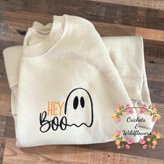 This Hey Boo Crewneck shirt is a cute and cozy addition to your fall wardrobe.  Shirts are a unisex fit, please see size chart for measurements.  Womens Halloween Shirt, Hey Boo Halloween Shirt, Womens Ghost Sweatshirt, Spooky Season Crewneck Sweater, Unisex Halloween Sweatshirt Hey Boo Halloween, Ghost Sweatshirt, Hey Boo, Halloween Boo, Halloween Sweatshirt, Crew Neck Shirt, Halloween Women, Embroidered Shirt, Fall Wardrobe