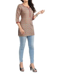 ➤ Fabric - Rayon Printed | ➤ Color - Magical Mustard | Sequins and threads work on neckline | ➤ Length shoulder to hem - 29 inches ➤ ➤ Stay stylish this season with our latest collection of Indian Kurtis for Women. From traditional to contemporary designs, we have something for every occasion. Whether you're dressing up for a special event, or looking for something comfortable to wear at work, our Indian Kurtis are sure to make you stand out. Made with premium quality fabrics, our Kurtis are des Stretch Split Neck Blouse, Multicolor Non-stretch Cotton Tops, Non-stretch Multicolor Cotton Tops, Cotton Printed Top With Split Neck, Cotton Printed Split Neck Tops, Printed Cotton Tops With Split Neck, Cotton Split Neck Printed Tops, Fitted Multicolor V-neck Kurta, Multicolor Cotton V-neck Kurta