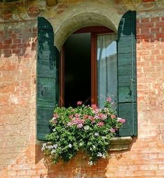 an open window with green shutters and flowers in the window sill below it