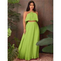 -Item Id 30998267 -Color: Lime Green -Style: Boho -Pattern Type: Plain -Details: Backless, Criss Cross, Pleated -Skirts Length: Long -Tank Tops & Camis Length: Short -Neckline: Halter -Skirts & Tank Tops & Camis Material: Woven Fabric -Skirts & Tank Tops & Camis Composition: 100% Polyester -Skirts & Tank Tops & Camis Lining: 100% Polyester -Care Instructions: Machine Wash Or Professional Dry Clean **Open To Offers!!!** **Bundle To Save More** **30% Off Bundles Of 2 Or More Items!!** ***Orders Go Chic Green Solid Color Sets, Pleated Maxi Skirt For Summer Night Out, Chic Spring Sets With Pleated Skirt, Chic Pleated Skirt Sets For Spring, Green Skirt Set For Spring Party, Green Summer Party Maxi Skirt, Green Maxi Skirt For Night Out In Spring, Solid Two-piece Dresses For Spring, Chic Green Pleated Maxi Skirt