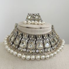 White Premium Dual Tone uncut Polki Kundan Victorian Necklace/Sabyasachi/Indian/Bollywood/Celebrity/Fine Kundan Necklace/Pakistani/Punjabi  Regular size and adjustable with silver thread Silver Kundan Set For Eid, Bollywood Kundan Necklace With Mirror Work For Festivals, Elegant Kundan Necklace With Mirror Work For Eid, Bollywood Bridal Necklace With Mirror Work For Festive Season, Festive Bollywood Bridal Necklace With Mirror Work, Bollywood Style Necklaces For Eid, Festive Bollywood Heavy Traditional Wear, Bollywood Style Heavy Traditional Wear For Festive Season, Heavy Bollywood Traditional Wear For Festive Season