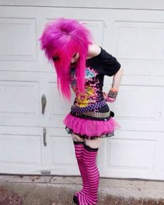 Hot Pink Scene Outfit, Pink Scenecore Outfit, Colorful Emo Outfits, Scene Pjs, Pink Scene Outfits, Black Scene Girl, Scene Queen Outfit, Scene Kid Fashion