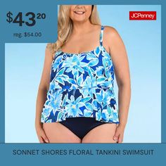 This Sonnet Shores women's plus tankini features a floral pattern in shades of blue, adjustable straps, and full coverage. It's made from a woven stretch fabric and pairs perfectly with your favorite swim bottoms. Strap Type: TankFeatures: Adjustable StrapsSleeve Length: SleevelessSwimwear Coverage: FullFiber Content: 82% Polyester, 18% ElastaneFabric Description: WovenLining Material: PolyesterCare: Line Dry, Hand WashCountry of Origin: Imported Floral Tankini, Tankini Swimsuit, Tankini Swimsuit Top, Swim Bottoms, Swimsuit Tops, Shades Of Blue, Tankini, Stretch Fabric, Floral Pattern