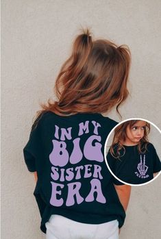 "Introducing our Girls Comfort Colors® T-Shirt, a stylish and personalized piece that celebrates the special role of being a big sister. With its unique design and customizability, this shirt is perfect for your little one to showcase her pride and individuality. The back of the shirt features a large and eye-catching print that boldly states \"In My Big Sister Era.\"  On the front, you'll find a trendy skeleton peace sign pocket print that adds a cool and fashionable element to the shirt. As an extra personal touch, we offer the option to include your child's name in the pocket print. This makes the shirt truly unique and special, reflecting her individuality. Our Girls Comfort Colors® T-Shirt is not only fashionable but also comfortable to wear. Made with high-quality materials, it provi Cheer Big Sister Shirts, Big Sister Elephant Shirt, Threenager Unicorn Shirt, Big Sister Little Sister Shirts Vinyl, I Am The Big Sister Shirts, Big Sister Starter Kit, Cricut Big Sister Shirt, Im Going To Be A Big Sister Photoshoot, Im Going To Be A Big Sister Shirt