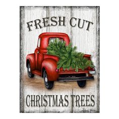 a red truck with a christmas tree in the bed is shown on a wooden sign