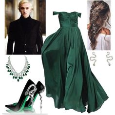 Slytherin Dresses, Slytherin Inspired Outfits, Yule Ball Dresses, Slytherin Dress, Harry Potter Houses Outfits, Yule Ball Outfits, Harry Potter Yule Ball, Yule Ball Dress, Hogwarts Hufflepuff