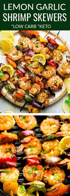 grilled lemon garlic shrimp skewers on a grill