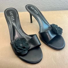 Lauren - Ralph Lauren Black Flower Detail Heel/Sandals Size 8 - Made In Brazil - Black Flower Detail - Leather Upper - Black Band - Small Heel / Sandal - Size 8 - Never Worn But Some Stretches On Foot Pading